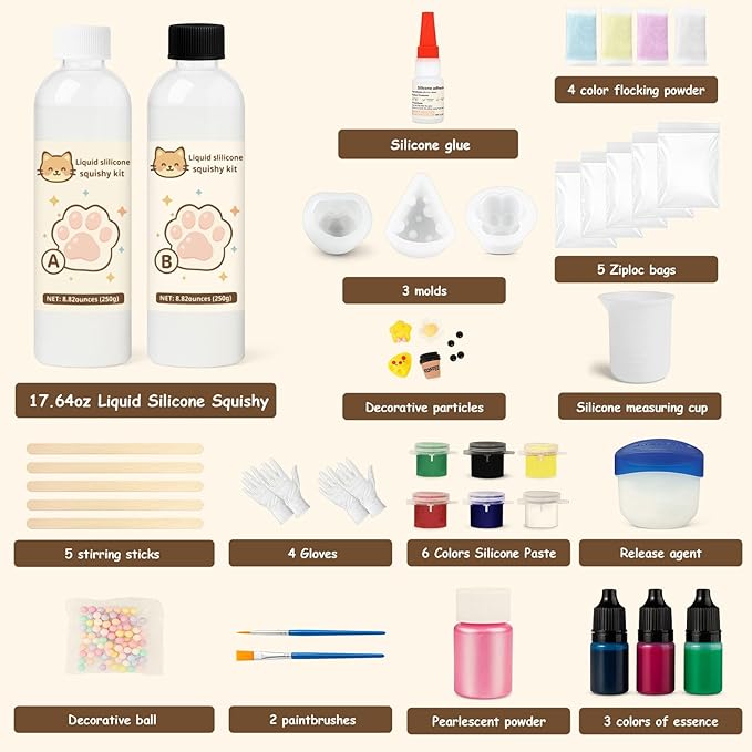GDDP Taba Squishy Kit, DIY Squishy Making Set with 17.6 oz Liquid Silicone, Animal Molds, Color Pigments, Flocking Powder and Tools, Make Your Own Soft Toys Craft Gift for Teens & Adults