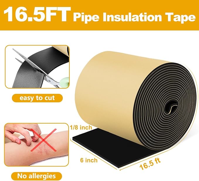 DEMEDO Pipe Insulation Tape, Pipe Wrap Insulation Foam Tape Self Adhesive, Outdoor Water Pipe Insulation Roll for HVAC, AC Line Insulation, 6 inch x 16.5 FT Heat Tape for Water Pipe, Black