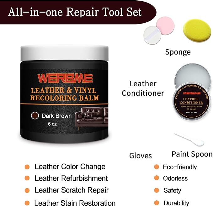 Leather Recoloring Balm & Mink Oil Leather Conditioner, Dark Brown | Restores faded leather, waterproof, scratch repair for couches, car seats, shoes & bags, Complete kit with mink oil & tools