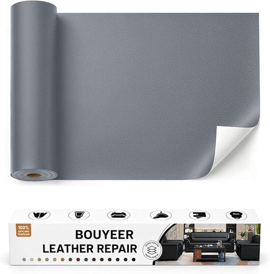 BOUYEER Leather Repair Patch Tape Kit,Self Adhesive Leather Repair for Sofa，Car Seat,Office Chair,Furniture,Jacket,Waterproof Strong Adhesive Vinyl Repair Kit. 16 in x 31 in,Fine Grained Gray