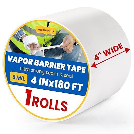 1 Roll Vapor Barrier Tape, White Moisture Barrier Tape for Crawl Spaces, Polyethylene Tape for Underlayment, Waterproof Seam Tape for Insulation, Plastic Liners (4" x 180 ft Each Roll)