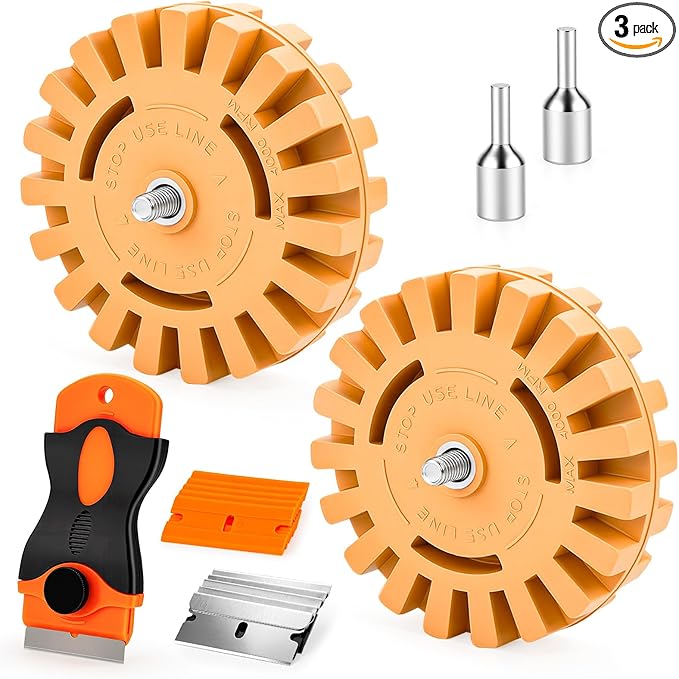 Eraser Wheel Decal Remover Tool Kit - 2 Pack Slotted Rubber Wheels with Razor Blade Scrapers & Drill Adapters - Professional Adhesive Pinstripe Sticker Remover for Cars, Trucks, RVs