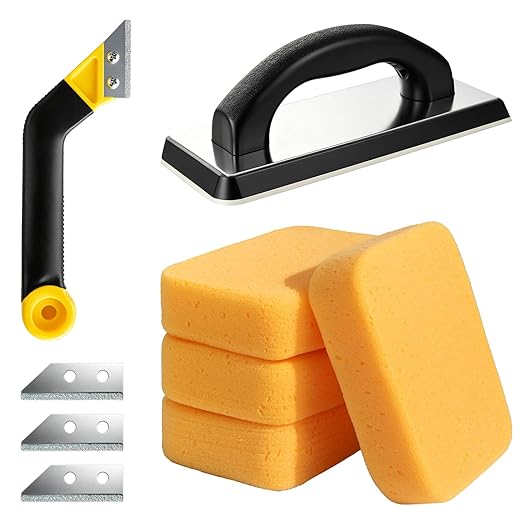9 Pcs Grout Float Sets Include 9.5 x 4 Inch Molded Rubber Grout Float, 4 Sponge, Angled Tile Saw with 3 Blades Replacement, Removal Tool for Masonry Stucco Drywall Concrete(Yellow)