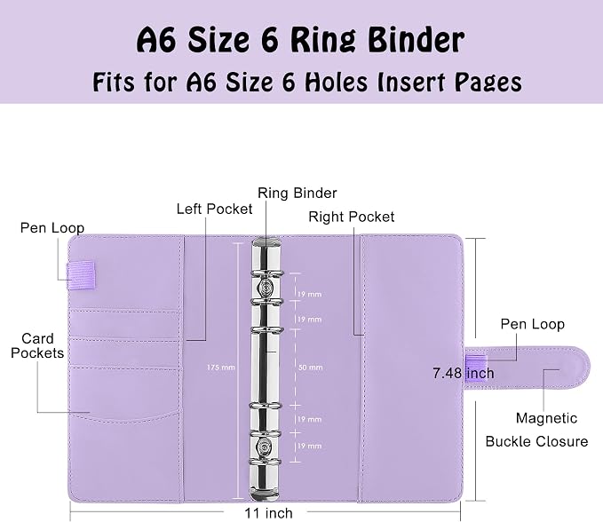 Antner A6 PU Leather Notebook Binder - Refillable 6 Ring for A6 Filler Paper, Loose Leaf Personal Planner Cover With Magnetic Buckle Closure, Purple
