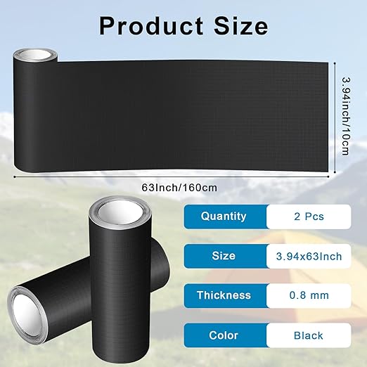 4" x 63" Nylon Patch Repair Kit, Quick Self-Adhesive Waterproof Fabric Patch, Versatile Gear Repair Tape for Down Jackets, Tents, Backpacks, Couch, Sleeping Bags (Black)