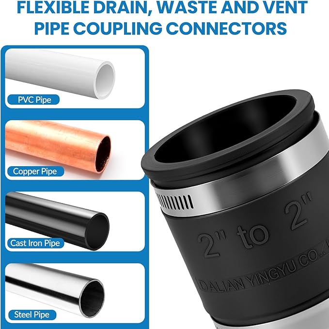 2 Pcs 2 IN Flexible PVC Pipe Coupling with Stainless Steel Clamps Fit 2 IN Nominal Pipes, Couplers for Plastic and Copper Pipe Plumbing Connections, Drain Repair, Dust Hose