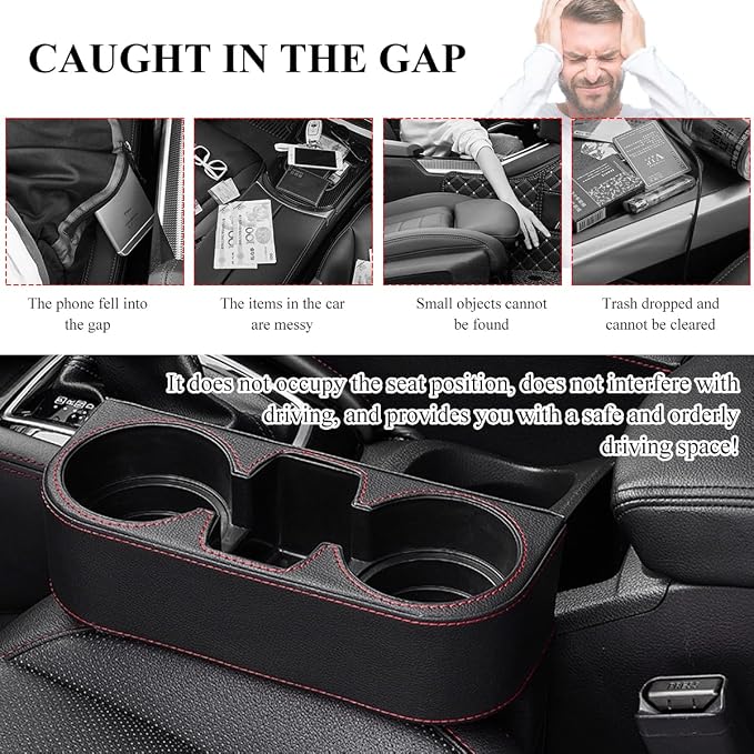 DXNQ Car Cup Holder Gap Filler Organizer, Multifunctional Auto Front Console Gap Filler with Cup Holder, Leather Extra Cup Holder Storage Box for Car Truck SUV, Car Accessories (Black)