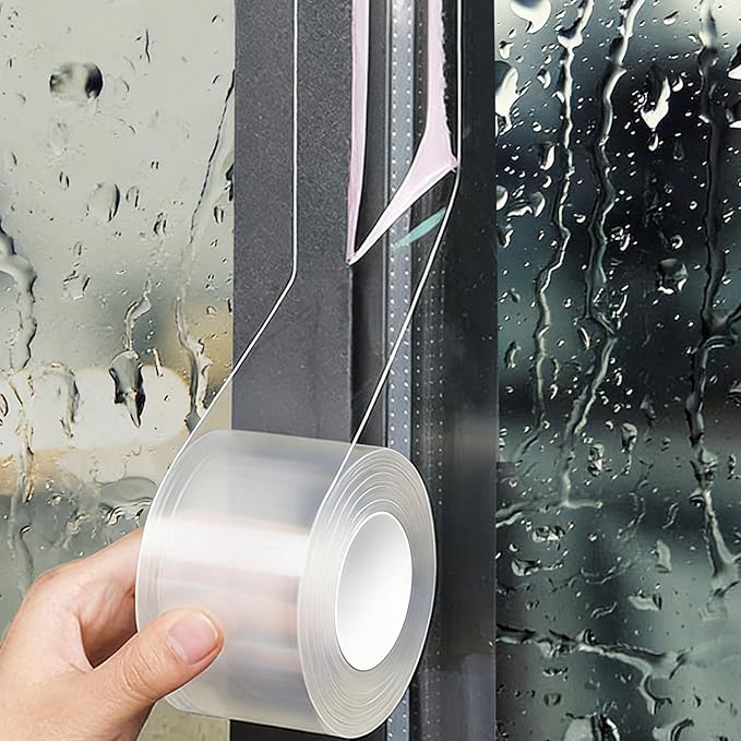 Window Sealing Tape 2 Inch x 33 FT Transparent Window Draft Insulation Residue-Free Clear Weather Stripping Caulk Tape Windproof Weatherproof Window Seal AC Units for Window Glass, Doors Gaps