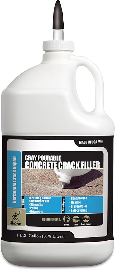 Akona Gray Pourable Concrete Crack Filler - Light Gray, Liquid Cement Crack Sealer for Driveways, Slabs, Sidewalks, Floors, Garages, & More, Waterproof (Gallon, 1)