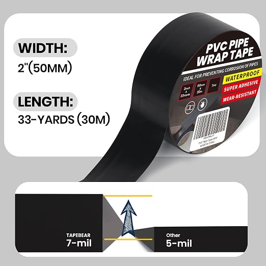 TAPEBEAR 5Rolls Corrosion Protection PVC Pipe Tape, 2Inch x 33Yard Black Duct Pipe Wrap Waterproof Corrugated Pipe Tape for Drain Tile, Metal Electrical Outdoor Underground Water Hose Pipe