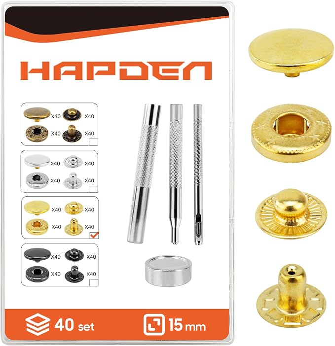 Leather Snaps and Fasteners Kit，15mm 40 Sets Metal Snap Buttons with Setter Tools， Sewing Snaps for Clothing，Fabric，Leather, Clothes, Jackets, Bags, DIY Crafting （Gold）