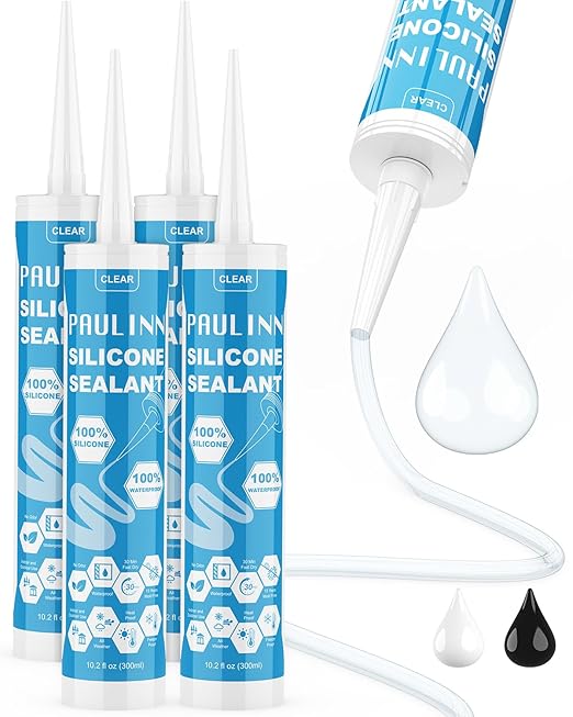 PAULINN Silicone Sealant, 100% Silicone Caulk Clear Waterproof for RV, Kitchen, Bath, General Use, Window, Door, Glass, Marine, 10.2 Oz, 4 Packs