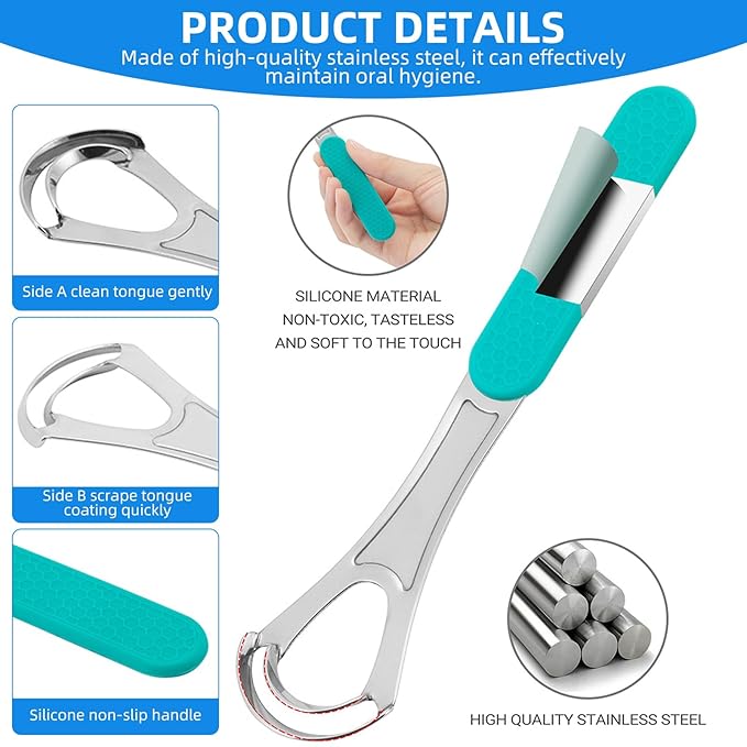 Stainless Steel Tongue Scraper for Adults, Double-Layer Tongue Cleaner for Bad Breath, Silicone Handle, Wide-Head Design, Dental Kit Oral Care Tools, Scrappers Tool (2 PCS)
