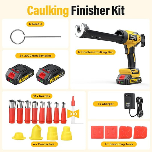 Electric Caulking Gun with 2 Batteries, 882LB Thrust, 32Pcs Cordless Caulking Tool, 6-Speed, Anti-Drip Auto-Retract, LED Light Caulk Gun for RV Sealing, DIY & Professional Use