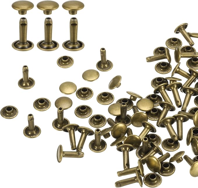 HARFINGTON 100 Sets Double Cap Leather Rivets, 9x12mm Round Cap Tubular Metal Studs Leather Crafting Rivets for Fabric Belt Pet Collar Boot Bag Repair and Decoration, Bronze