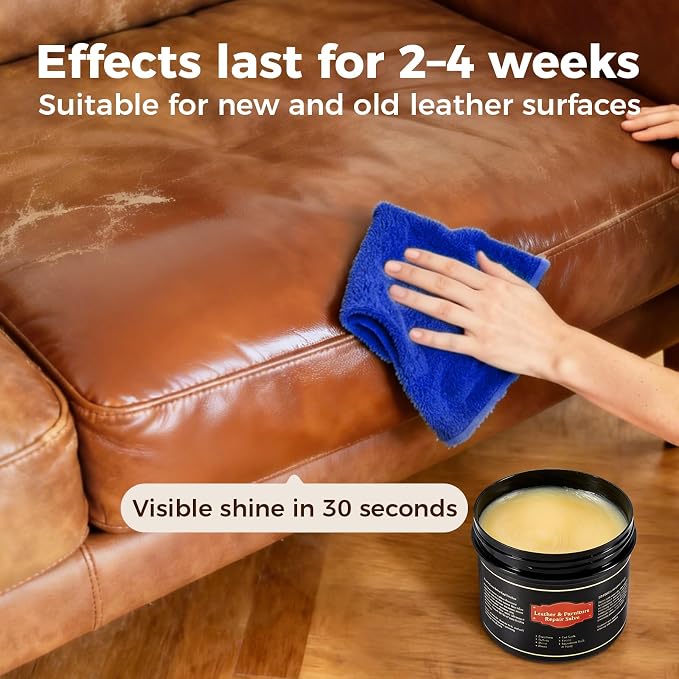 Leather Conditioner and Cleaner Balm for Furniture, Couch, Car Seats, Boots and Bags - Professional Leather Restorer with Natural Beeswax - Deeply Nourishes, Protects and Restores Shine (8oz)