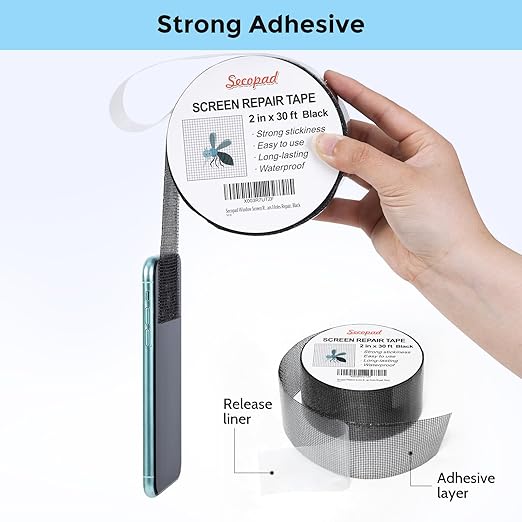 Secopad Black Window Screen Repair Tape, 2 in X 30 FT (360IN) Screen Repair Kit for Windows or Doors, Strong Adhesive Fiberglass Mesh Patch Tape