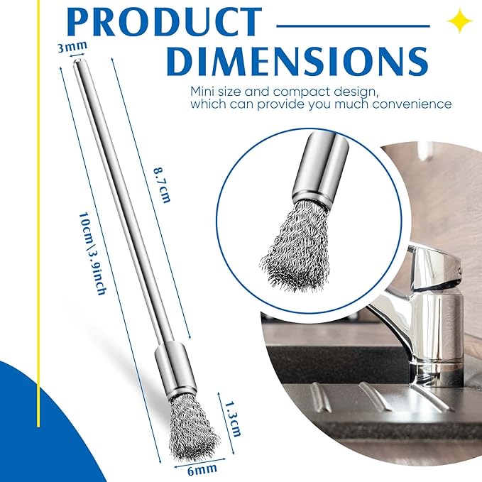 Lounsweer 10 Pcs Wire Brush Extended Cleaning End Brushes Pen Wire Scrub 3 mm Mandrel Rust Paint Removal Bits Polishing Rotary Tool Accessories, 6 mm End Scrub(Stainless Steel)
