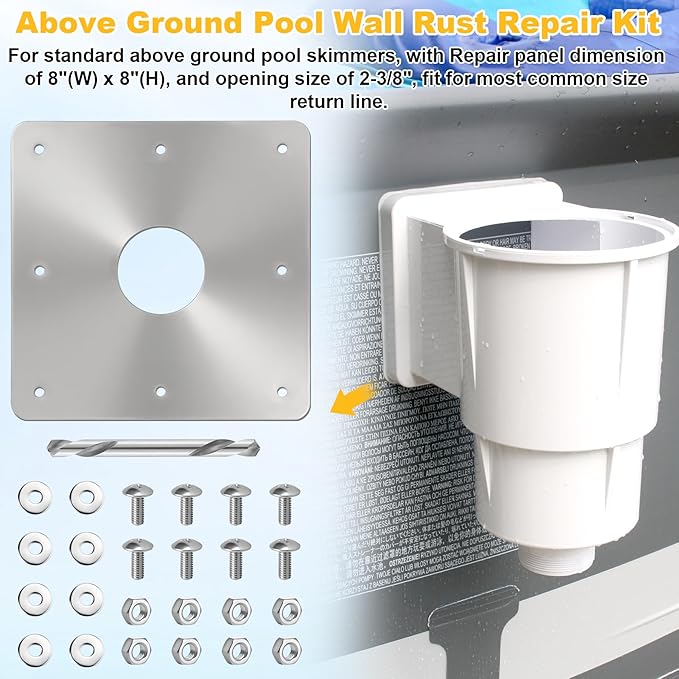8x8-Inch Pool Water Return Repair Kit for Above Ground Pools Wall Repair Kit, Pool Skimmer Wall Repair Panel Kit with 2-3/8" Thru Hole, Drill Bit & Hardware for Rust at The Water Return Fitting