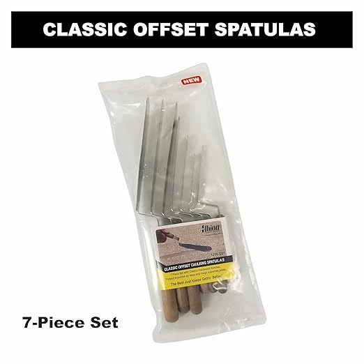 Albion Engineering 1258-G01 7-Piece Classic Offset Caulk Tooling Spatula Set, Stainless Steel with Hardwood Handle