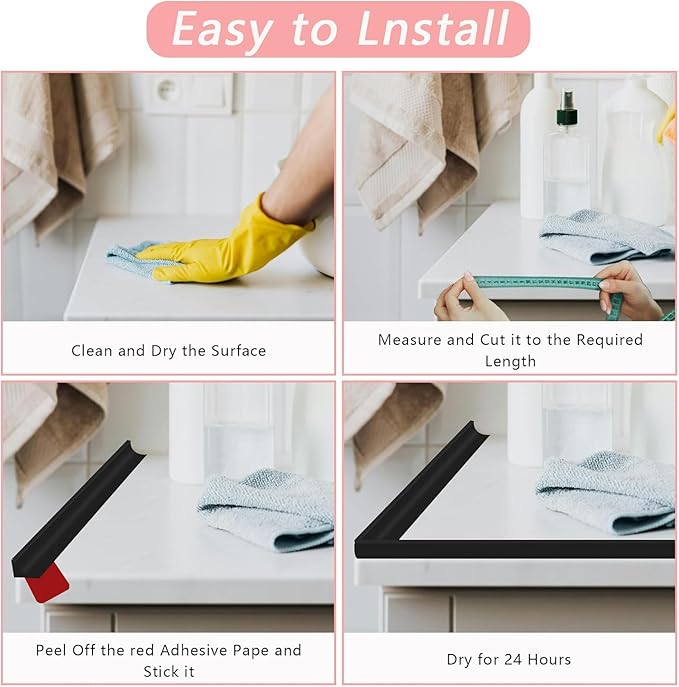 78 Inch Shower Threshold Water Dam, Silicone Barrier Shower Door Bottom Seal Strip, Self Adhesive Waterproof Barrier, for Kitchen Countertop Sink, Cooktop, Bathroom (Black)