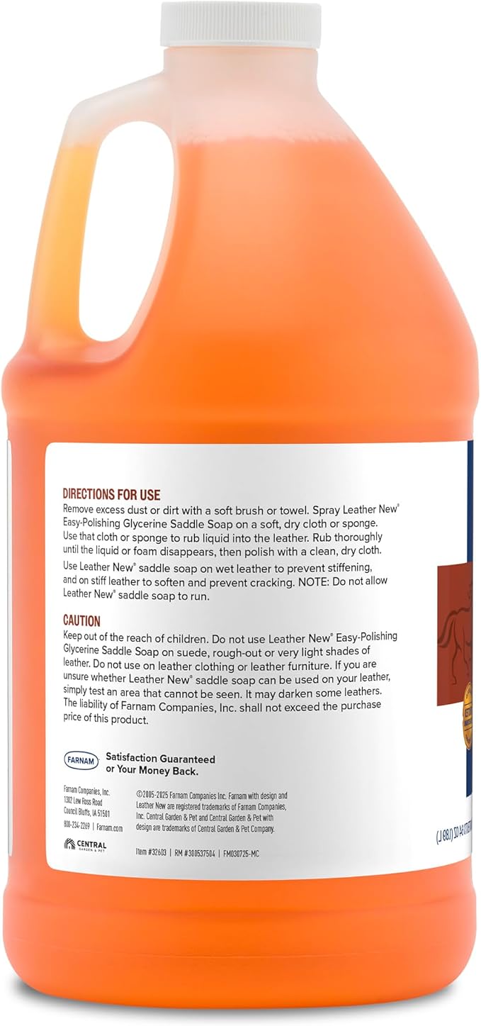 Farnam Leather New Easy-Polishing Glycerine Saddle Soap and Leather Saddle Cleaner, Protects and Preserves Leather, Cleans, Conditions and Polishes, 64 Oz.