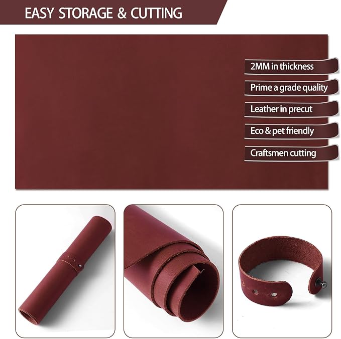 RingSun 12''X12'' Red Leather Sheets for Crafts (3mm), Full Grain Leather Tooling Leather