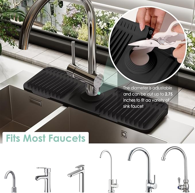 24 Inch Silicone Faucet Mat for Kitchen Sink Splash Guard - 7° Slope Water Draining Mat With Fasten Button for Bathroom Area (Black, 17.7''x5.5'')