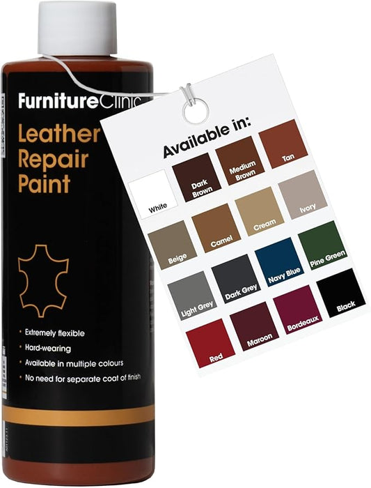 Furniture Clinic Leather Repair Paint | 2-in-1 Seal and Color | Use on Scratches, Tears, and Holes in Car Seats, Furniture | Quick and Easy Leather Repair Kit for Furniture (Tan, 500ml / 17oz)