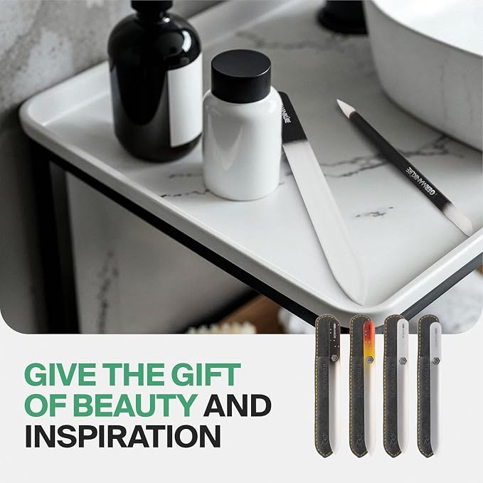 GERMANIKURE 5pc Manicure Set in Black Leather Case - Made in Solingen Germany, FINOX Stainless Steel and Crystal Glass Tools – Professional Quality Compact Nail Grooming Kit