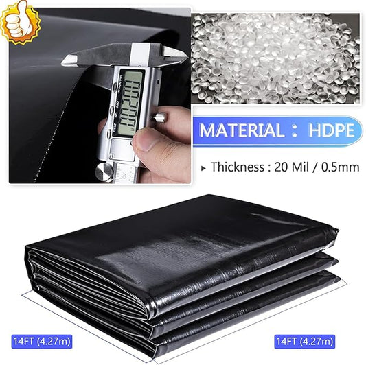 ToLanbbt Pond Liner 14 FT x 14 FT HDPE Pond Liners, 20 Mil UV Resistant Preformed Pond Liner Easy Cutting, Pond Liner for Natural Looking Ponds, Waterfall, Koi Pondsand Water Garden (Black)