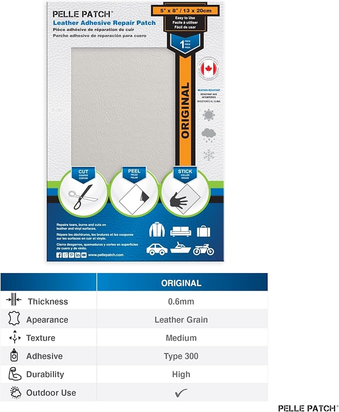 Self Adhesive Leather Repair Patch for Car Seat - 25 Colors Available - Original 5x8 - Grey