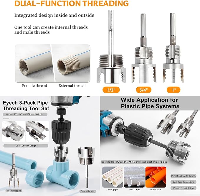 3Pcs PVC Pipe Threader Kit, 1/2" 3/4" 1" Internal & External | Tap and die set, PVC threading tool, electric drill compatible pipe thread cutting tool, plastic pipe fitting plumbing tools