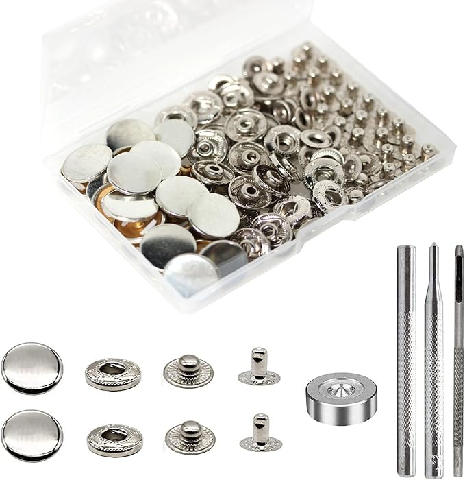 BetterJonny 24 Sets Heavy Duty Leather Snap Fasteners Kit, 20mm Metal Snap Buttons Press Studs Leather Rivets Snaps with 4 Setter Tools for Clothes Bracelet Jackets Jeans Silver