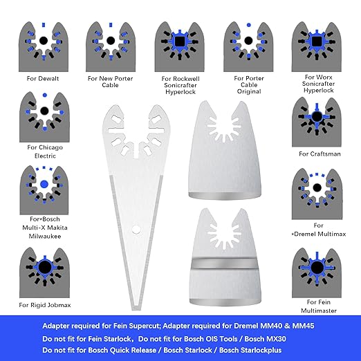 9pcs Oscillating Scraper Blades for caulk adhesive sealant removal, Universal Multi tool Quick Release, 3pcs Rigid Scraper, 3pcs Flexible Scraper, 3pcs tapered scraper