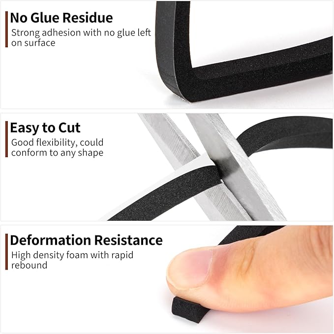 Yotache Foam Tape 3 Strips 1/4" x1/4", Weather Stripping for Doors and Window High Density Foam Seal Tape Sliding Door Weather Strip, Total 30 Feet Long (3 x 10 Ft Each)
