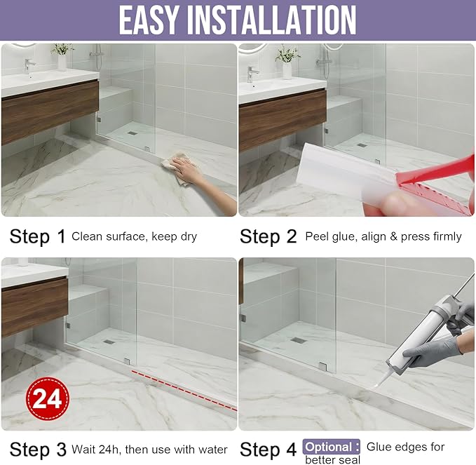 Shower Threshold Water Dam Barrier - Versatile, Silicone Shower Water Guard Stopper Seal Strip for Bathroom Floor, Bathtub Rim, Kitchen Countertop (Transparent, 98 In/ 2.5M)