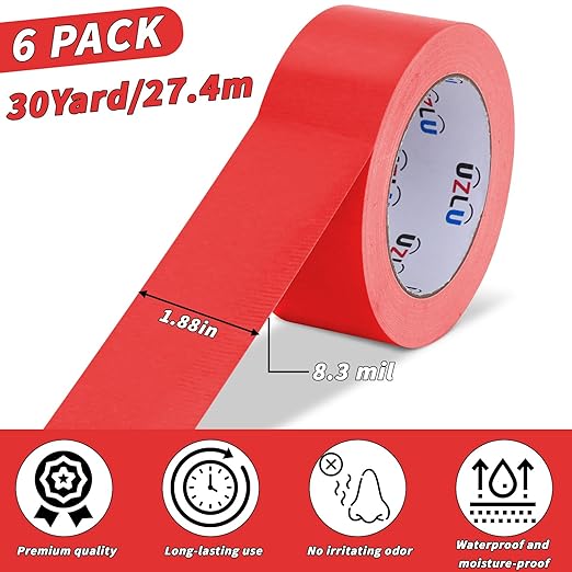 6 Pack Red Duct Tape Bulk Heavy Duty,1.88 Inches x 30 Yards,Strong Industrial Strength,Flexible,No Residue,Waterproof and Tear by Hand,Multi-Use for Indoor & Outdoor Repairs