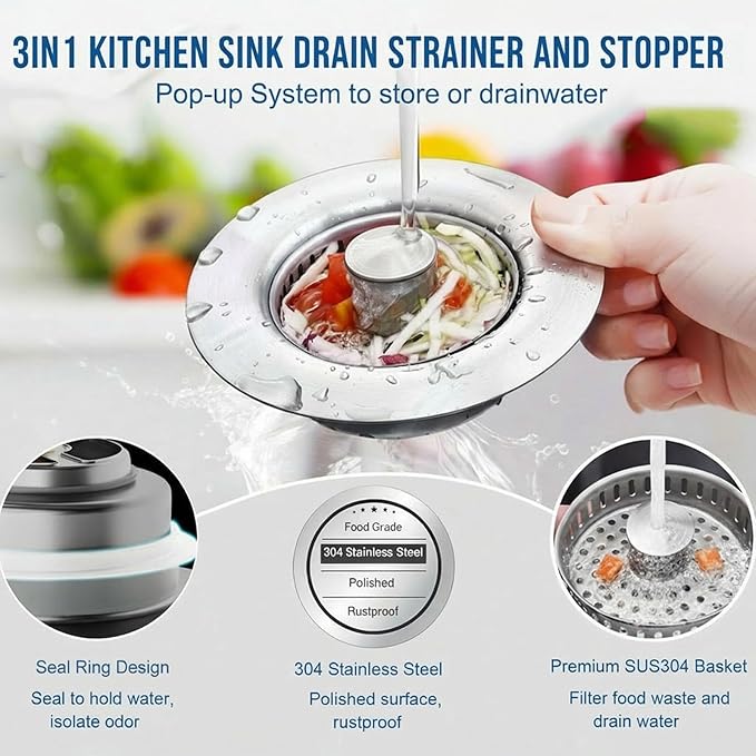 3-in-1 Kitchen Sink Drain Strainer, Pop Up Sink Stopper with Anti-Clogging Basket, 304 Stainless Steel Kitchen Sink Drain Strainer, Food Catcher for US Standard 3-1/2 inch Drain Hole