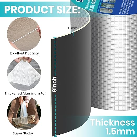 ADHES Extra Thick Butyl Tape 8 Inch x 16 Feet x 1.5mm – 50% Thicker for Superior Waterproof Sealing – Weatherproof Butyl Sealant Tape for RV Repairs, Roof Leaks, Window Seals, Pipe Seals, and More