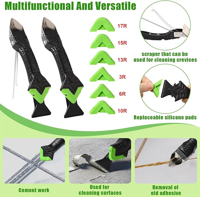 XhuangTech Caulking Tool, 5 in 1 Caulk Remover Sealant Fishing Tool with Grout Remove Scraper, 6 Replaceable Silicone Pads, Adhesive Residue Scraper Seam Repair Tool Kit for Kitchen/Bedroom/Joint