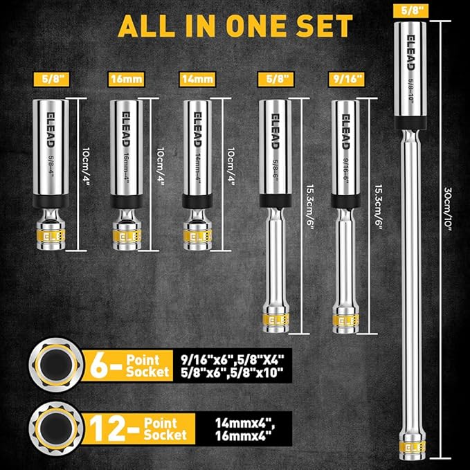 ELEAD 8-Piece 3/8" Drive Magnetic Swivel Spark Plug Socket Set, 5/8", 9/16", 14mm, 16mm, Include Ratchet Handle & Spark Plug Gapper, 6 & 12 Point CR-V Spark Plug Removal Tool