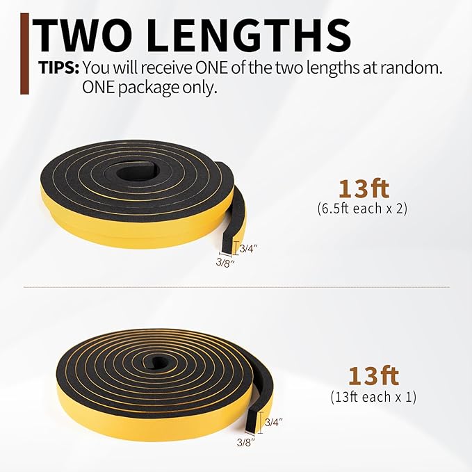 Yotache Foam Weather Stripping Tape 3/4" W X 3/8" T (New Adhesive Craft), Neoprene Foam Rubber Seal for Door Frame Insulation, Sounproofing, 13 Ft Length