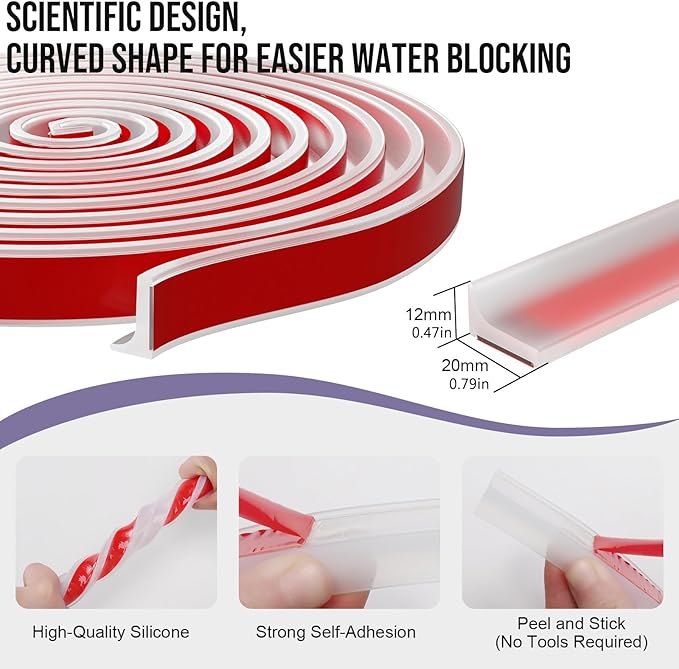 Shower Threshold Water Dam Barrier - Versatile, Silicone Shower Water Guard Stopper Seal Strip for Bathroom Floor, Bathtub Rim, Kitchen Countertop (Transparent, 138 In/ 3.5M)