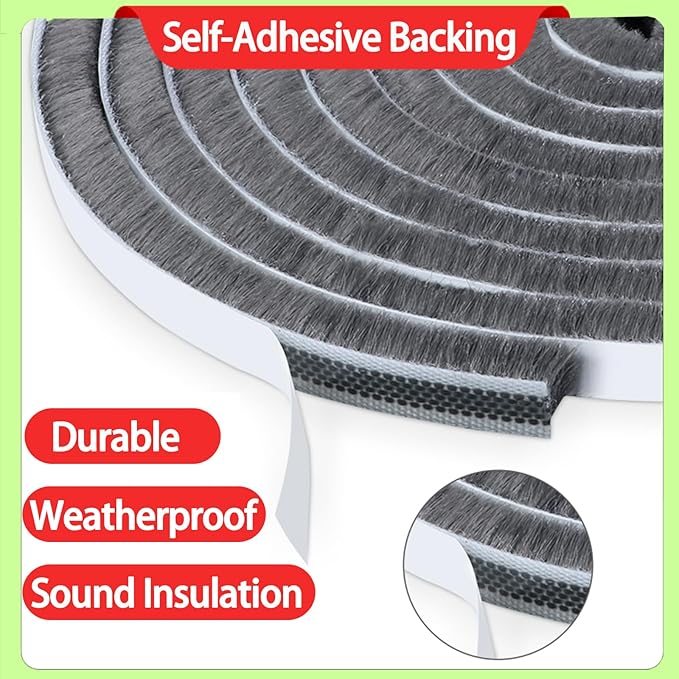 ZOMPAGO Strong Adhesive Brush Weather Stripping 2 Rolls 0.9in (T）x 0.4in (W) x 33FT, Door Seal for Sliding Windows & Doors,Soundproof Noise Blocker,Draft Stopper for Garage Door Frame & Exterior Doors