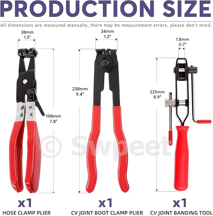 Swpeet 3Pcs Red CV Joint Boot Clamp and Swivel Flat Band Hose Clamp Assortment Kit, Ear Boot Tie Car Band Tool Car Water Pipe Locking Pliers Automotive Hose