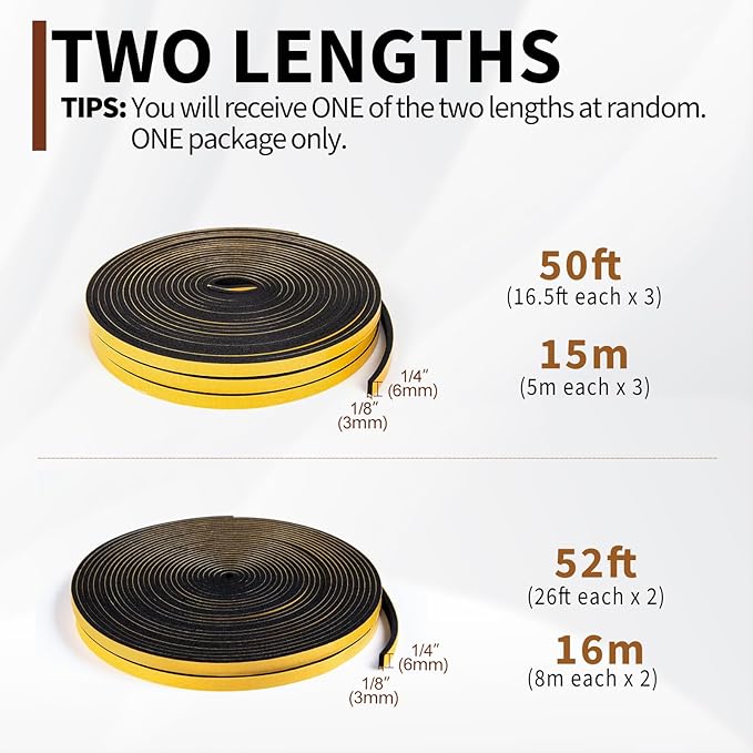 Yotache Foam Seal Tape 1/4" W X 1/8" T, High Density Adhesive Foam Weather Strip Seal for Window and Door, 50 Ft Length