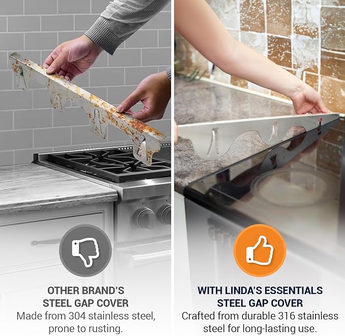 Linda’s Essentials Stove Gap Covers 316 Stainless Steel, Heat Resistant Oven Gap Filler Seals Spaces Between Stovetop and Counter, 25.4 Inches, Silver(Steel), 2 Pack