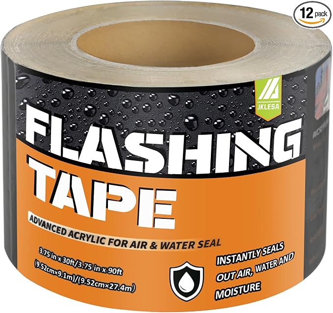 Flashing Tape for Windows and Doors, 3.75 in x 90 ft, 12 Rolls, Acrylic Adhesive, Self-Adhesive Flashing Tape, Waterproof, UV Resistant, Great for Sealing Doors, Windows, and Construction & Repairs