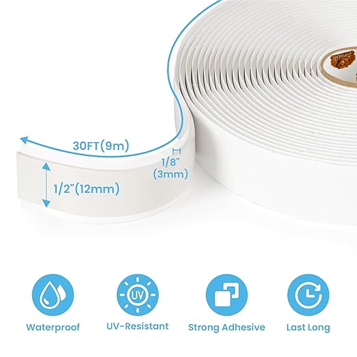 TAPEBEAR Butyl Tape White 1/2" x 30' x 1/8" RV Tape Sealant Waterproof, White Butyl Caulking, Stretchable Butyl Sealant Headlight Putty Tape for EPDM Auto RV Window